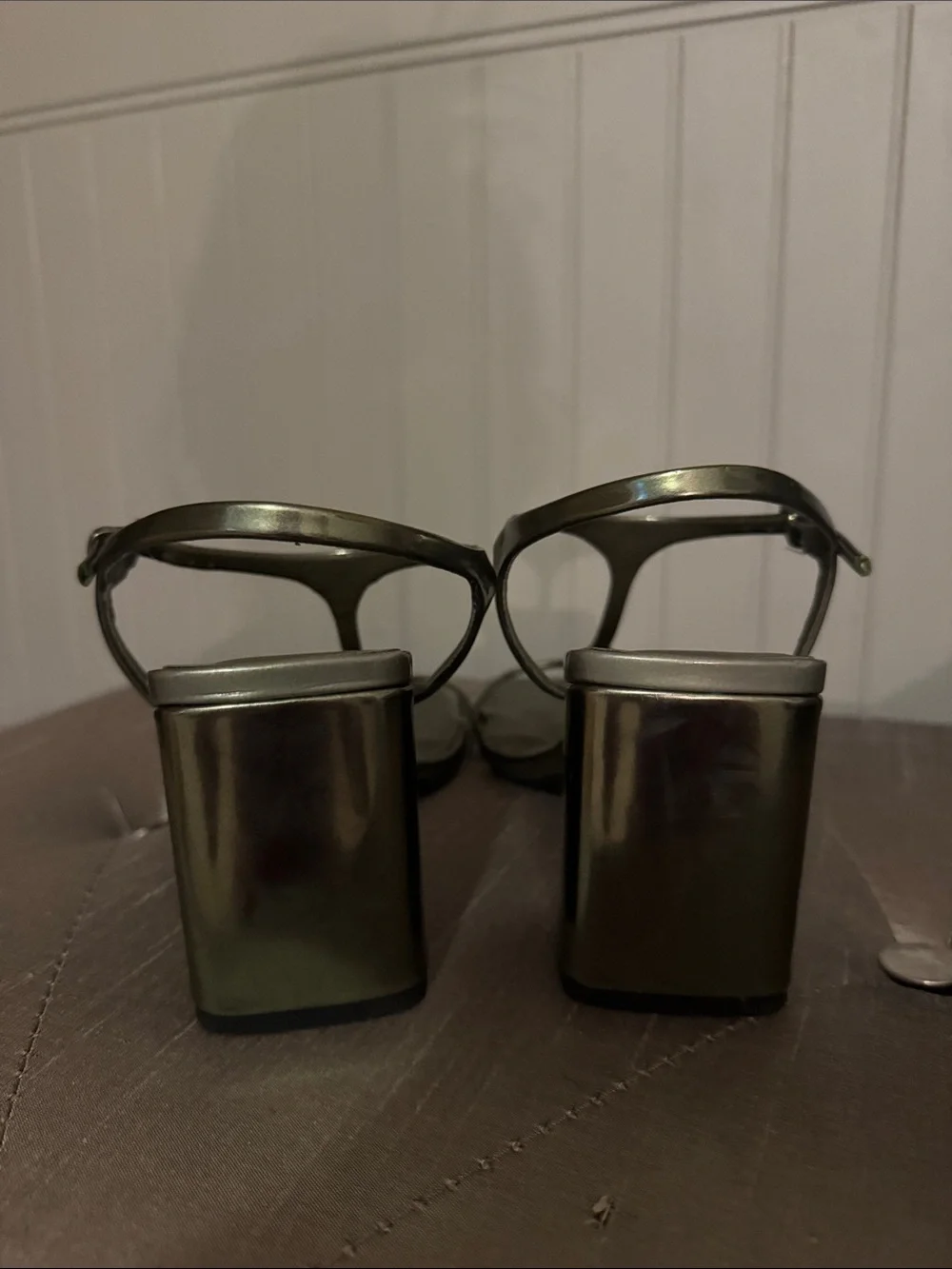 Zara Metallic Olive Green Square Toe Block Heel Sandals - Picture 4 of 6